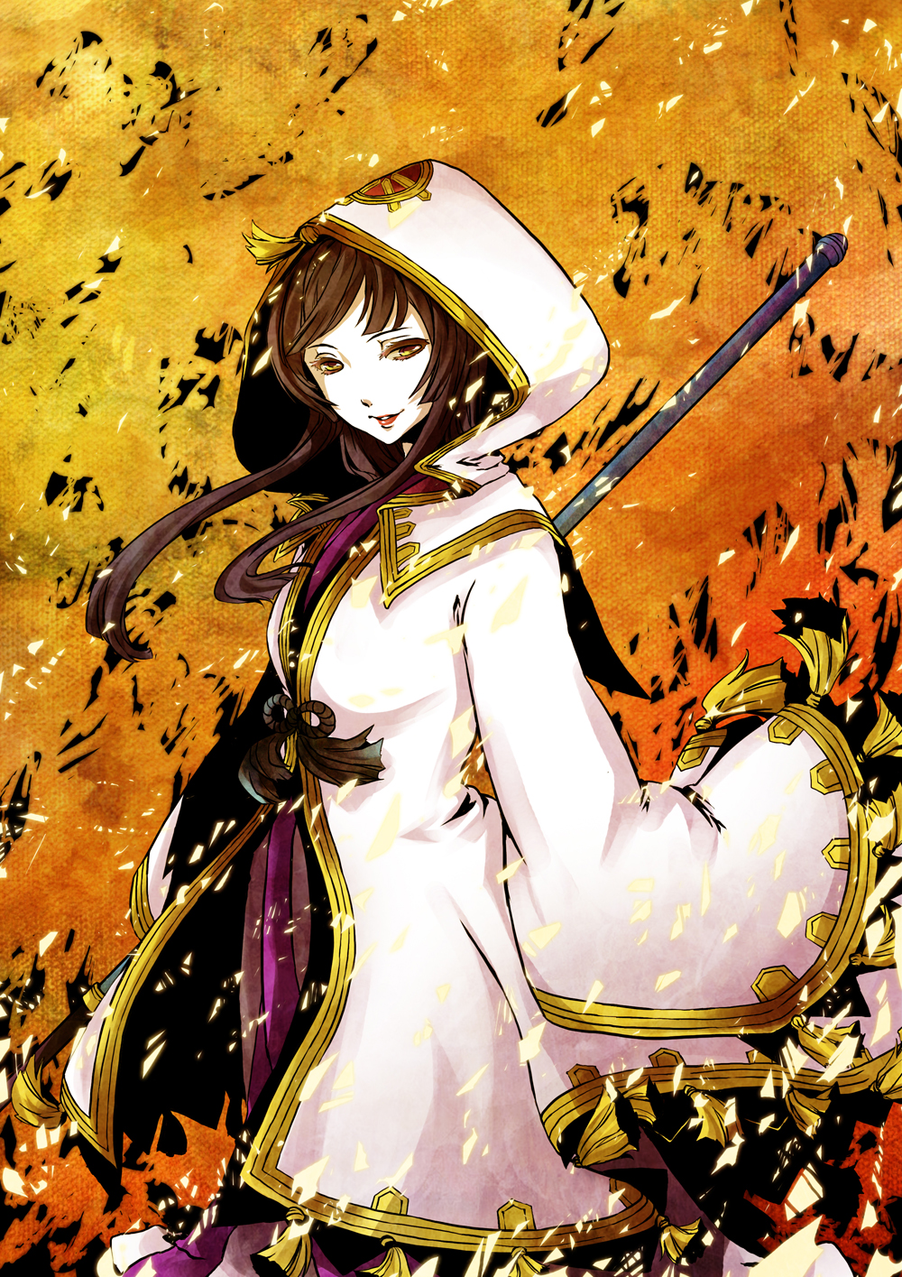 1girl, amksr417, aya_(sengoku_musou), brown_eyes, brown_hair, female_focus, gradient_background, highres