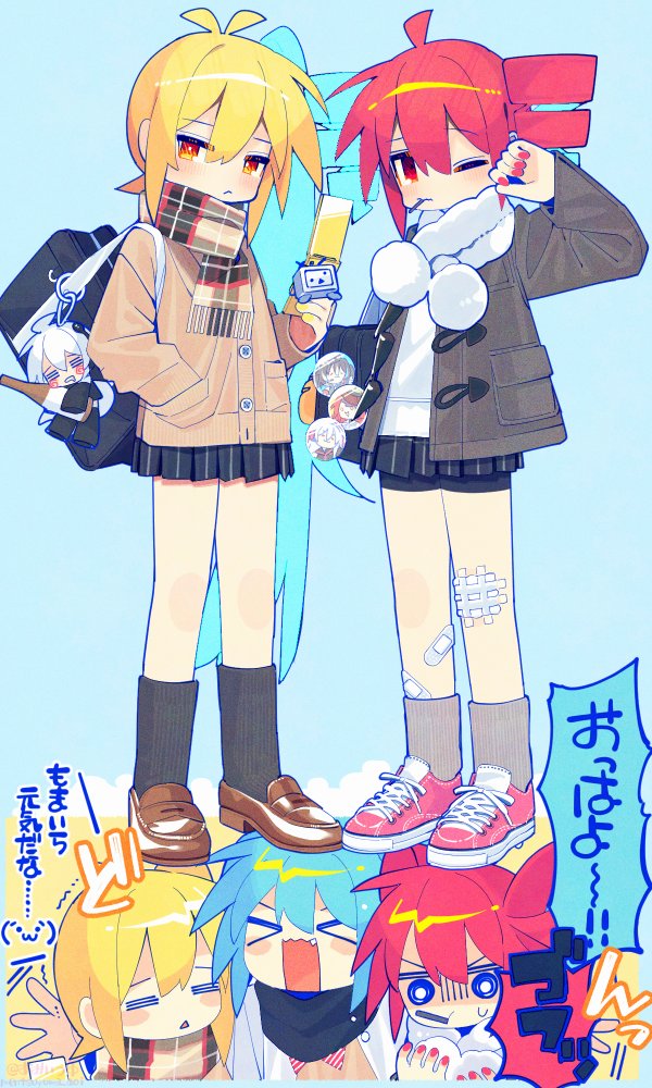 >_<, 3girls, =_=, ahoge, akita_neru, antenna_hair, aoi_tsuyu, backpack