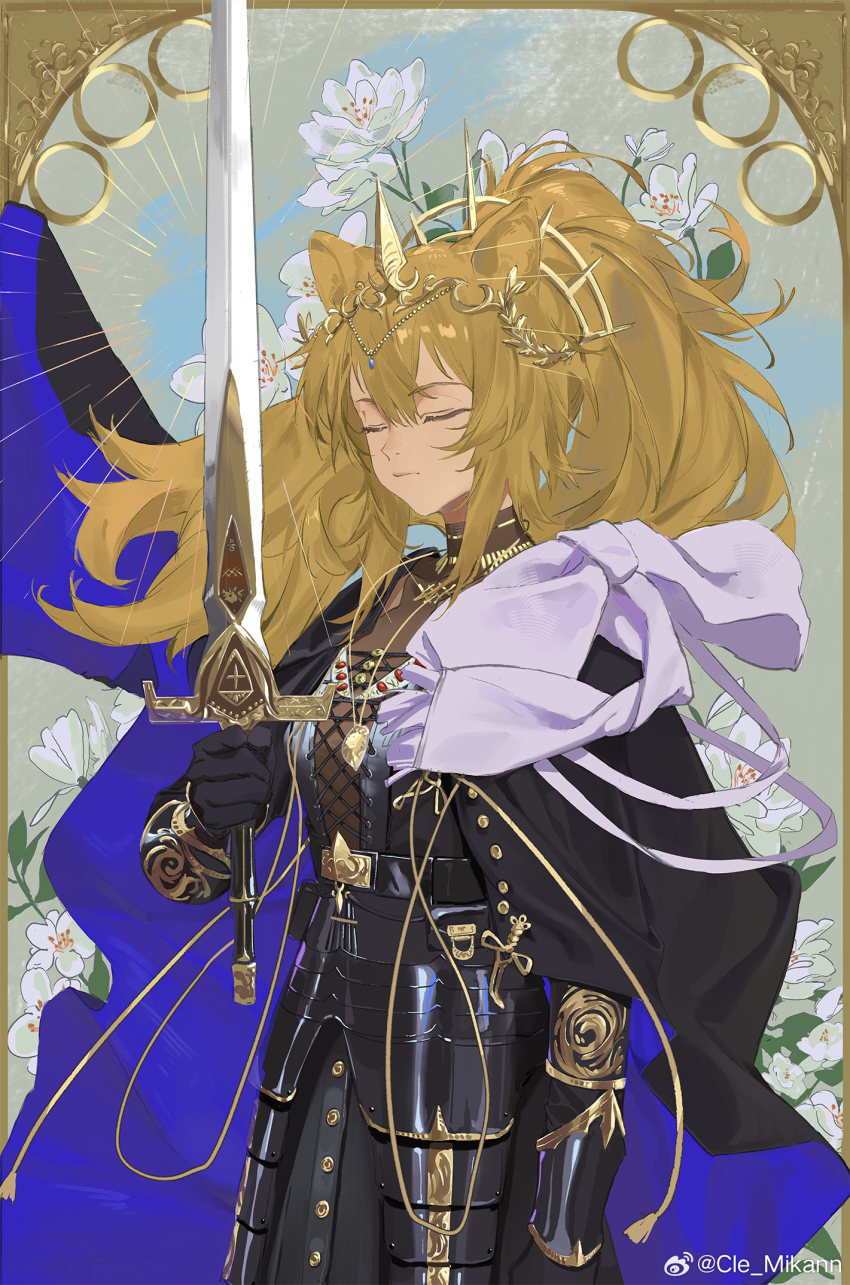 1girl, animal_ears, arknights, armor, artist_name, black_cape, black_gloves, blonde_hair