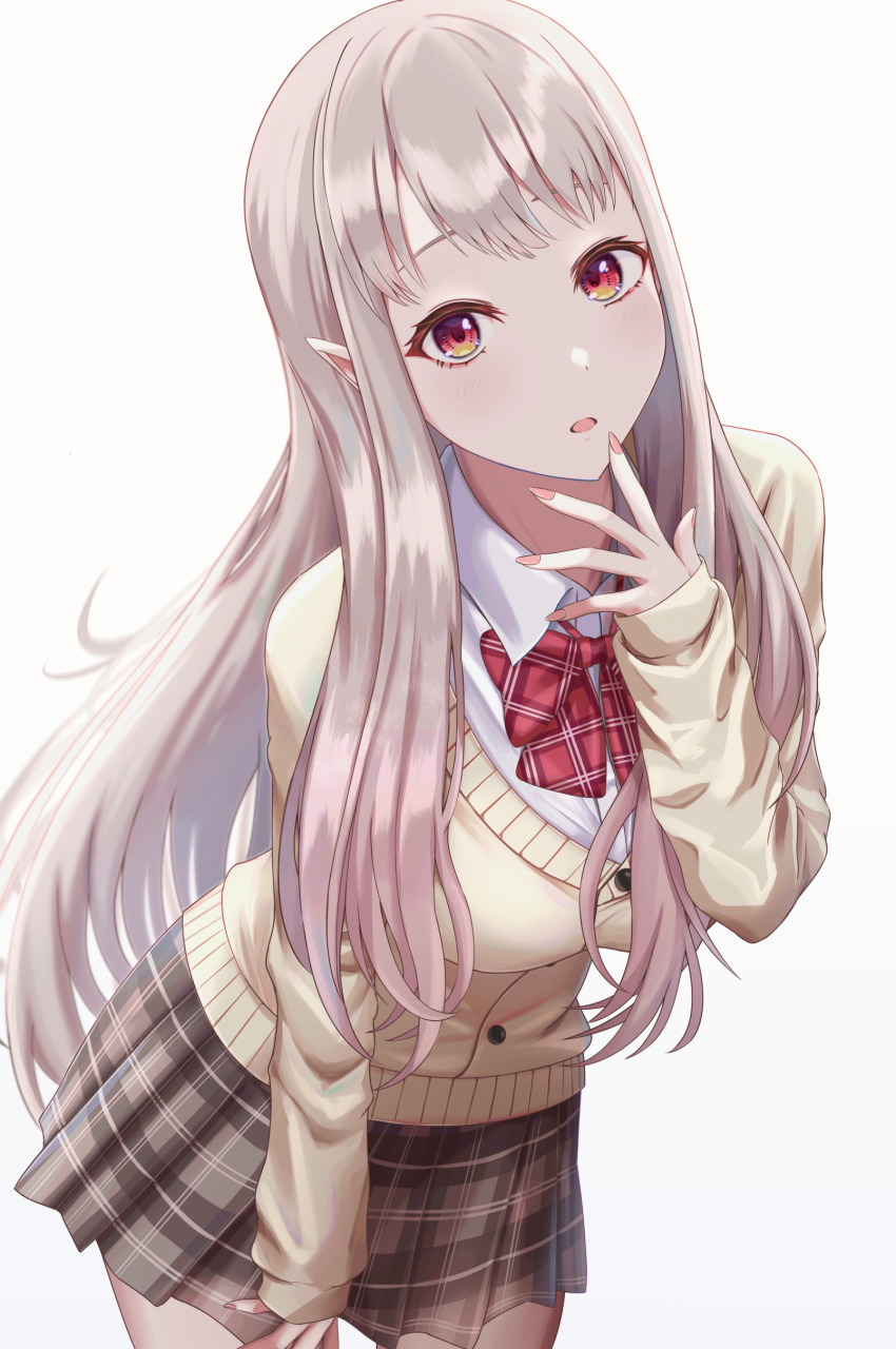 1girl, absurdres, bow, brown_skirt, cardigan, collared_shirt, cowboy_shot, elu_(7th_costume)_(nijisanji), elu_(nijisanji), highres, inaka_44, leaning_forward, long_hair, looking_at_viewer, nijisanji, open_mouth, plaid_bow, plaid_clothes, plaid_skirt, pleated_skirt, pointy_ears, red_bow, red_eyes, school_uniform, shirt, simple_background, skirt, solo, virtual_youtuber, white_background, white_shirt, yellow_cardigan