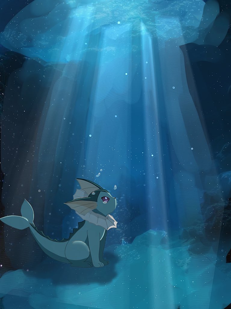 animal_focus, blue_theme, bubble, commentary_request, fins, forked_tail, gen_1_pokemon, head_fins, looking_up, nintendo, no_humans, pokemon, pokemon_(creature), purple_eyes, raidayo_39, sitting, tail, tears, underwater, vaporeon, water