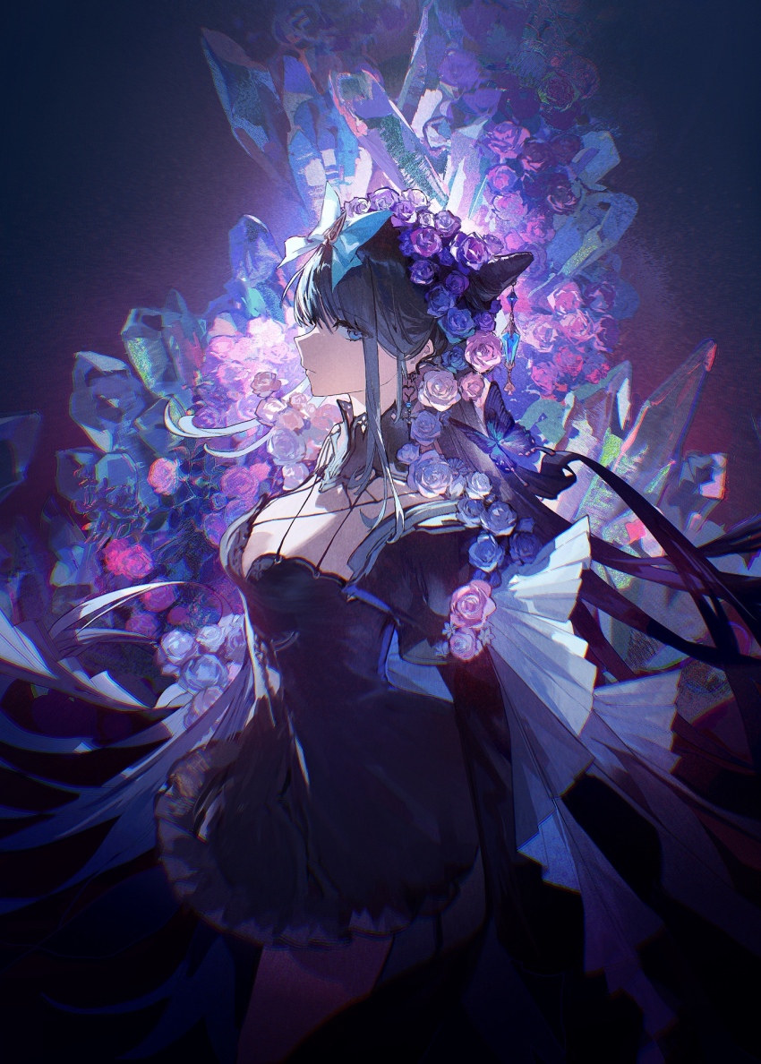 1girl, arcaea, black_dress, black_hair, black_sleeves, blue_bow, blue_eyes, blue_flower