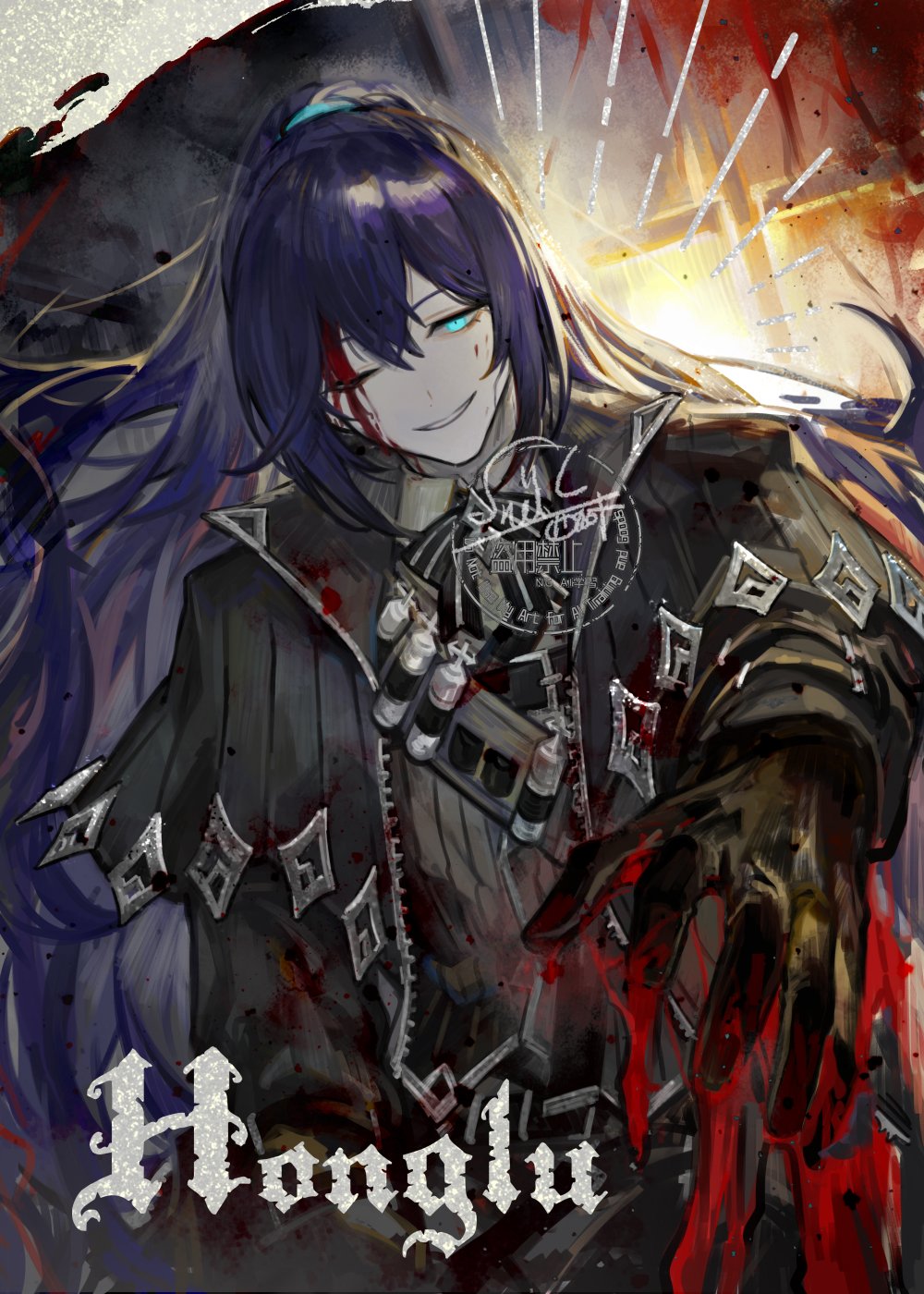 1boy, ammunition_belt, aqua_eyes, black_bow, black_bowtie, black_coat, black_gloves, black_vest