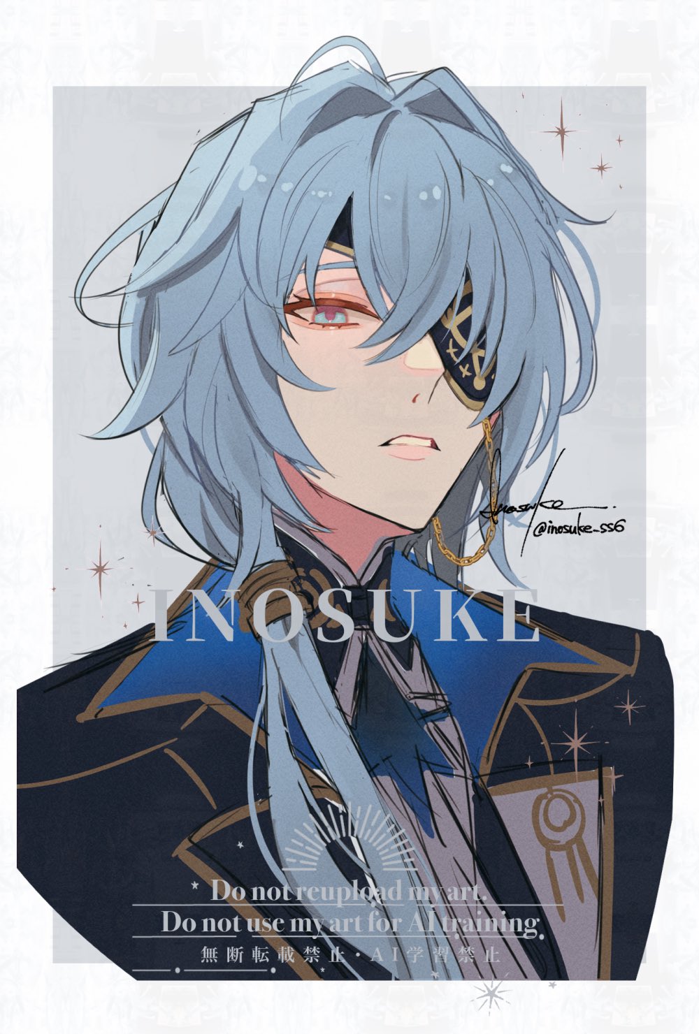 1boy, anaxa_(honkai:_star_rail), artist_name, blue_eyes, blue_hair, collared_jacket, commentary_request, eyepatch