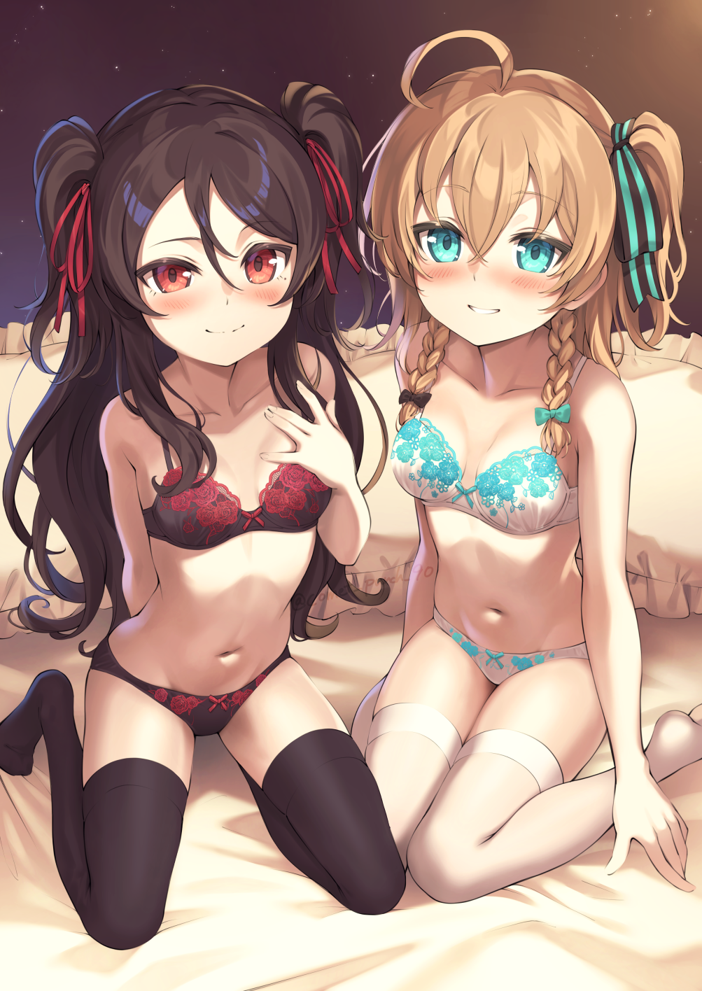 2girls, ahoge, aqua_eyes, aqua_ribbon, black_bra, black_hair, black_panties, black_ribbon