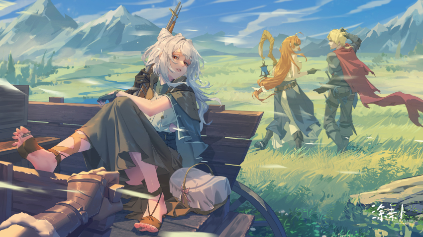 1boy, 2girls, absurdres, arlenbell, armor, barefoot, basket, blonde_hair