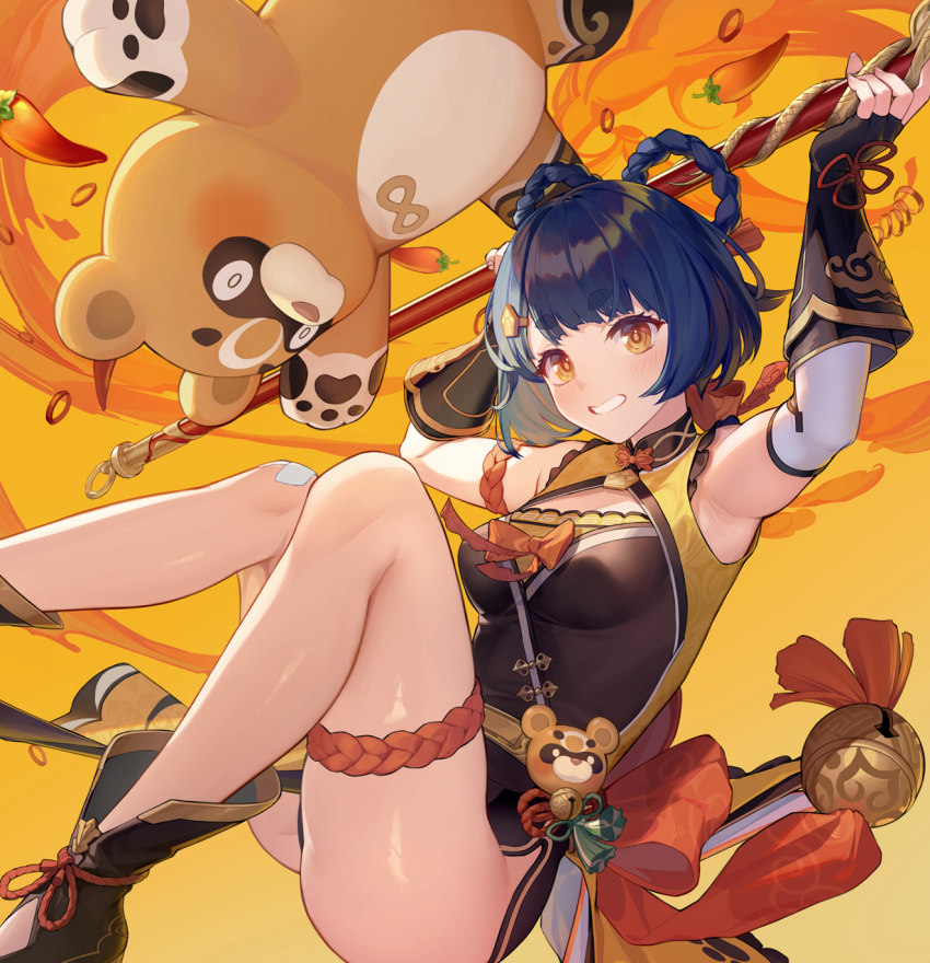 1girl, armlet, armpits, blue_hair, bow, braid, braided_hair_rings, breasts