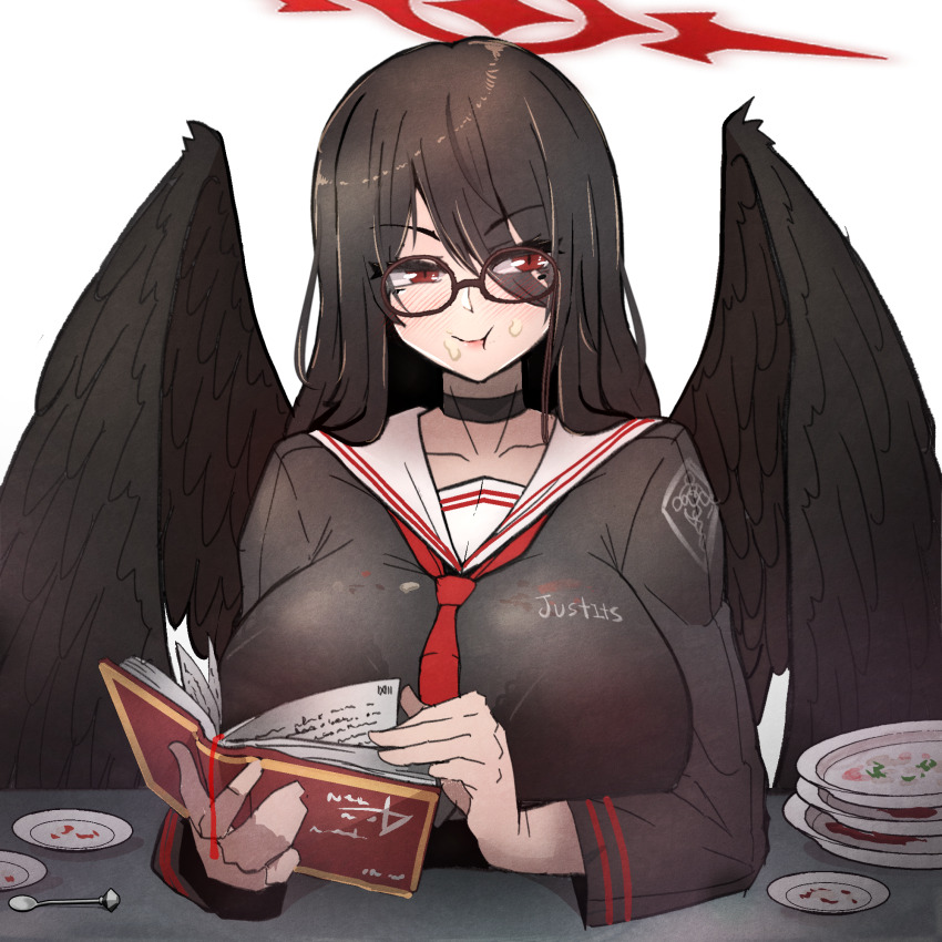 1girl, black_choker, black_hair, black_shirt, black_wings, blue_archive, blush, book