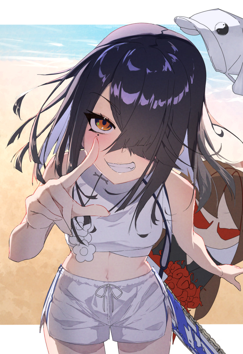 1girl, bare_shoulders, beach, black_hair, breasts, brown_eyes, chainsaw, fate/grand_order, fate_(series), grin, hair_over_one_eye, hat, highres, jacket, long_sleeves, looking_at_viewer, midriff, mole, mole_under_eye, navel, off_shoulder, shirt, shore, short_hair, shorts, sleeveless, sleeveless_shirt, small_breasts, smile, solo, stuffed_toy, thighs, thomas_(aoakumasan), white_hat, white_jacket, white_shirt, white_shorts, xu_fu_(fate), xu_fu_(swimsuit_avenger)_(third_ascension)_(fate), yin_yang, yin_yang_print, yu_mei-ren_(fate)