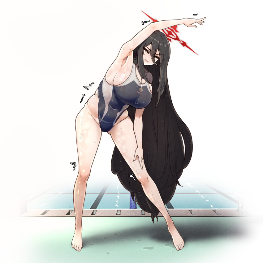 1girl, armpits, barefoot, black_hair, blue_archive, blush, breasts, cleavage, covered_navel, full_body, groin, hair_between_eyes, halo, hasumi_(blue_archive), highres, huge_breasts, long_hair, mole, mole_under_eye, nikrop, missing_wings, one-piece_swimsuit, plump, pool, poolside, porkin0817, red_halo, school_swimsuit, sideboob, solo, stretching, swimsuit, thighs, very_long_hair