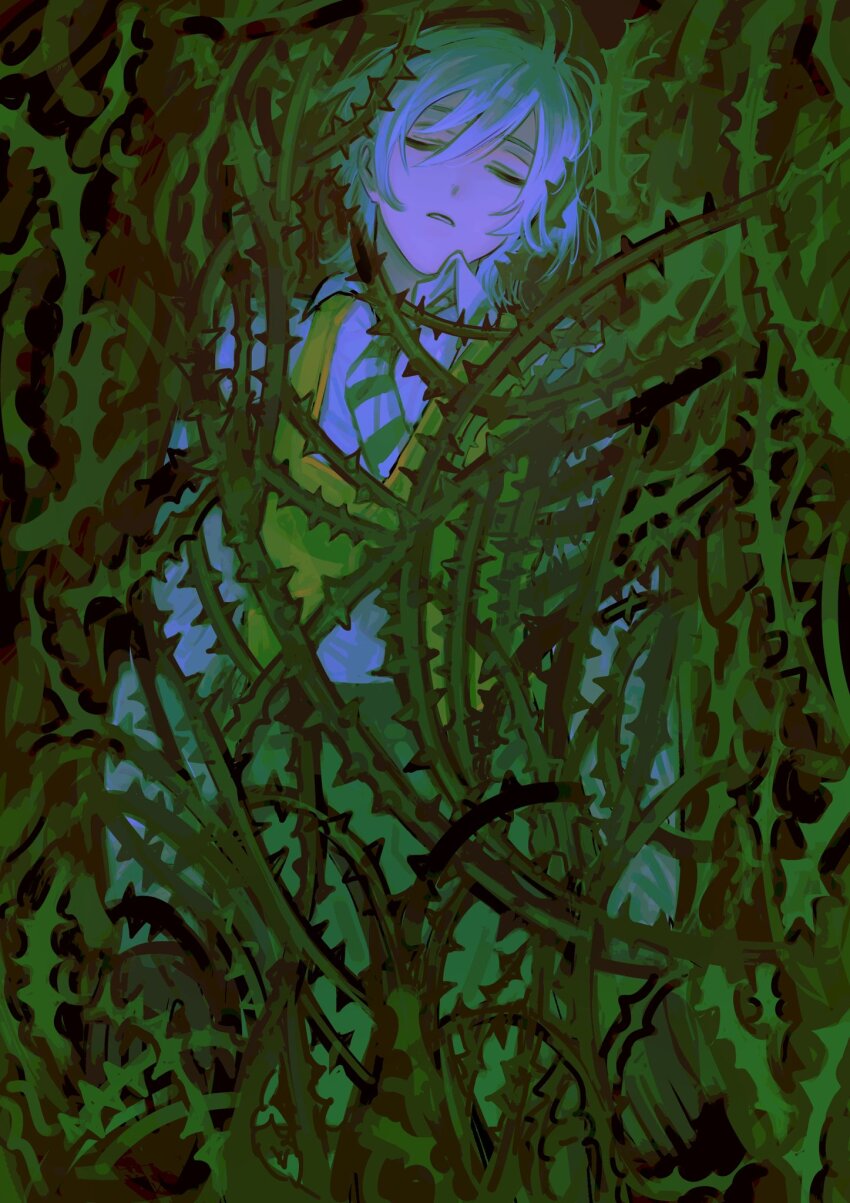 1boy, collared_shirt, diagonal-striped_clothes, diagonal-striped_necktie, fsyoau, green_vest, grey_hair, hair_between_eyes