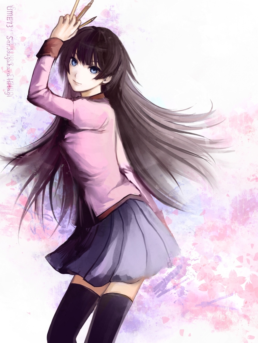 1girl, arm_behind_back, arm_behind_head, artist_name, bakemonogatari, between_fingers, black_thighhighs, blue_eyes, brown_hair, character_name, closed_mouth, commentary, eyelashes, feet_out_of_frame, floral_background, from_side, grey_background, highres, holding, juliet_sleeves, long_hair, long_sleeves, looking_at_viewer, miniskirt, monogatari_(series), naoetsu_high_school_uniform, pink_background, pink_shirt, pleated_skirt, puffy_sleeves, purple_skirt, school_uniform, senjougahara_hitagi, shirt, skirt, solo, thighhighs, ume73, very_long_hair, zettai_ryouiki