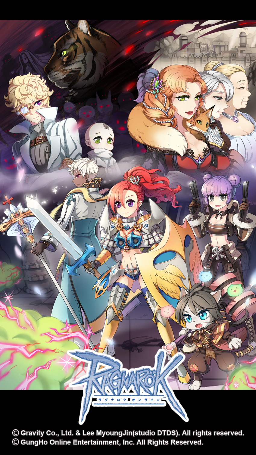 4boys, 6+girls, animal, animal_around_neck, animal_ears, arch_bishop_(ragnarok_online), armor, armored_boots