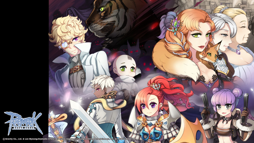 3boys, 6+girls, animal, animal_around_neck, arch_bishop_(ragnarok_online), armor, bald, bandeau