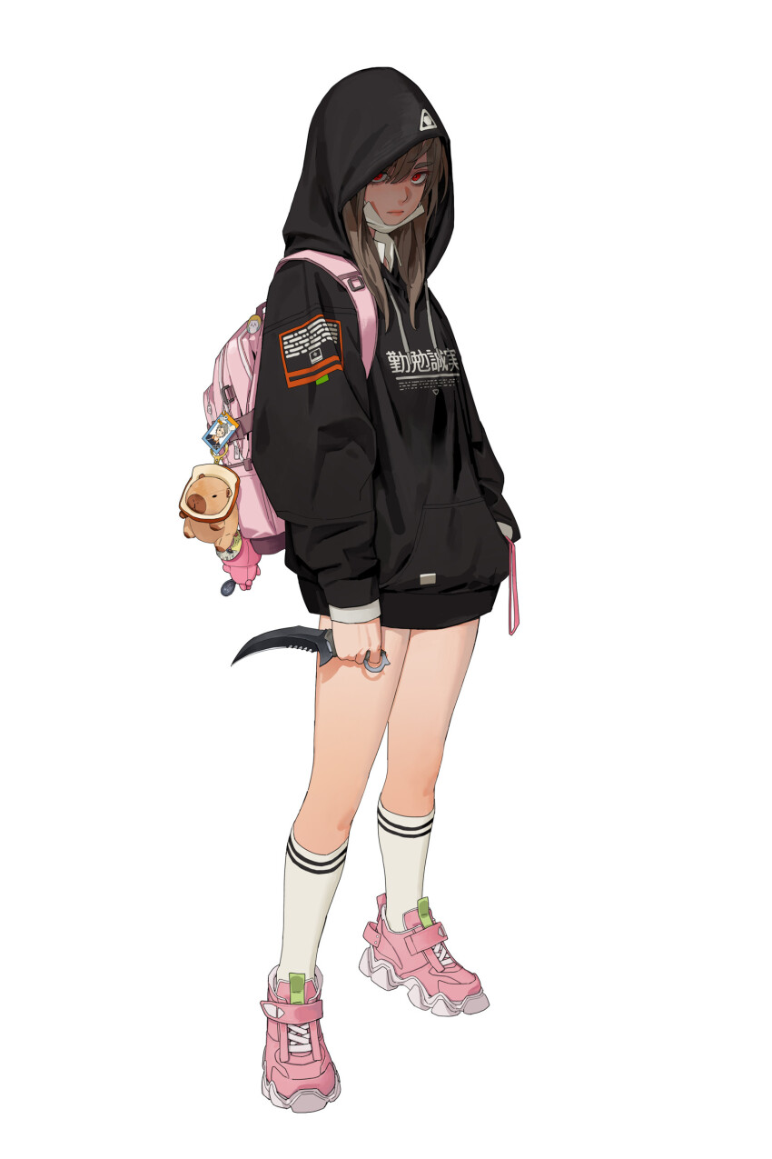 1girl, absurdres, black_hoodie, brown_hair, closed_mouth, collared_shirt, commentary, dagger