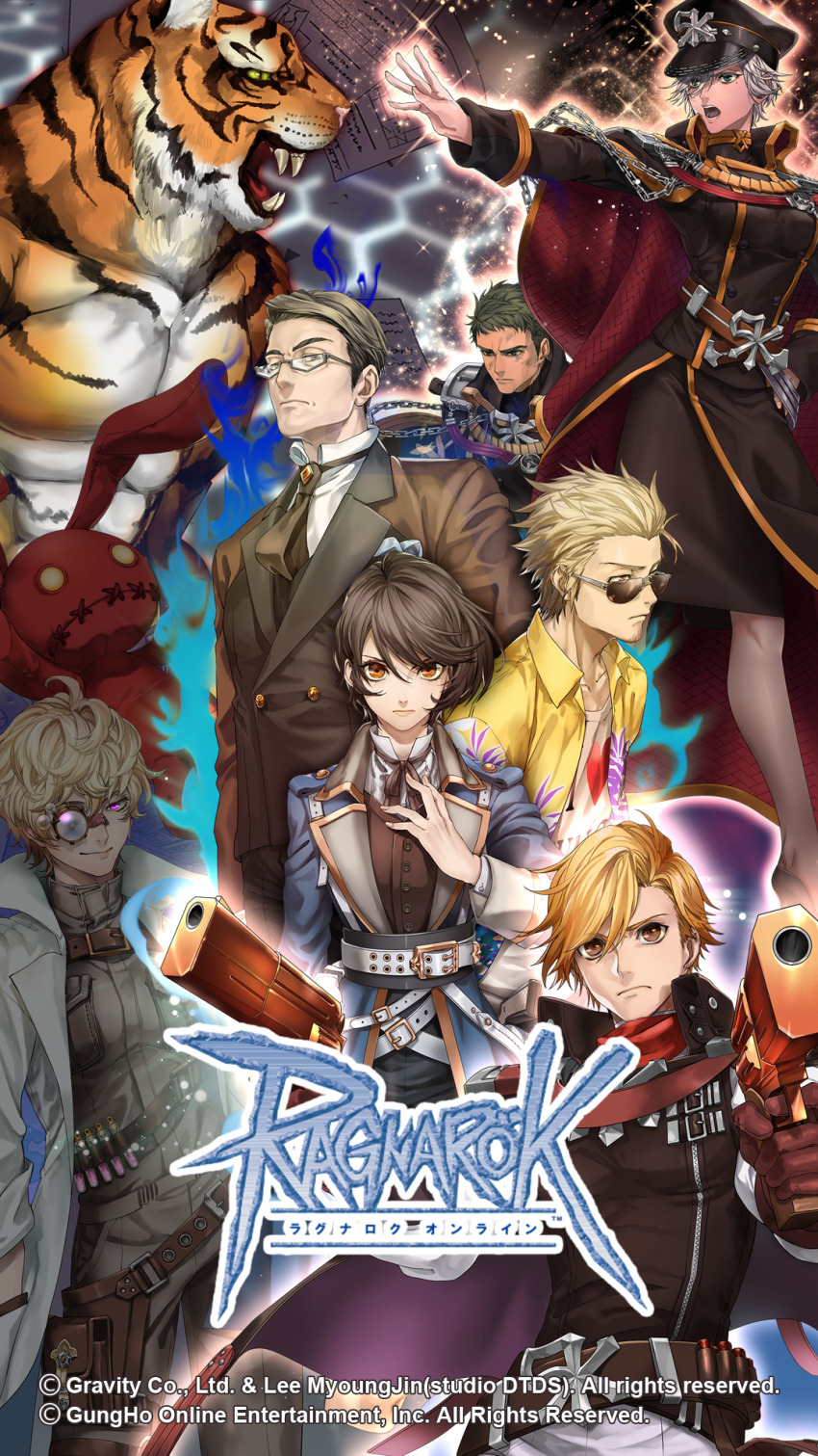 3girls, 5boys, aas_(ragnarok_online), animal_ears, belt, black_coat, black_hat, black_necktie, blazer, blonde_hair, blue_coat, breasts, brown_belt, brown_eyes, brown_hair, buttons, chain, closed_mouth, coat, collared_shirt, copyright_notice, double-breasted, dual_wielding, eliumina, emblem, epaulettes, est_loveroy, formal_clothes, furry, furry_male, glasses, gold_trim, gonie_(ragnarok_online), green_eyes, grey-framed_eyewear, grey_hair, grey_jacket, gun, hair_between_eyes, handgun, hat, highres, holding, holding_gun, holding_weapon, jacket, kaya_tos, lazy_(ragnarok_online), logo, long_bangs, looking_afar, looking_at_viewer, lucky_(ragnarok_online), medium_breasts, messy_hair, miguel_(ragnarok_online), military_hat, military_uniform, monocle, multiple_boys, multiple_girls, necktie, nikai_(game_artist), official_art, official_wallpaper, opaque_monocle, open_clothes, open_coat, open_mouth, popped_collar, purple_eyes, ragnarok_online, rebellion_(ragnarok_online), serious, shirt, short_bangs, short_hair, smile, stuffed_animal, stuffed_rabbit, stuffed_toy, suit, sunglasses, tiger_boy, tiger_ears, upper_body, weapon, white_coat, yellow_shirt