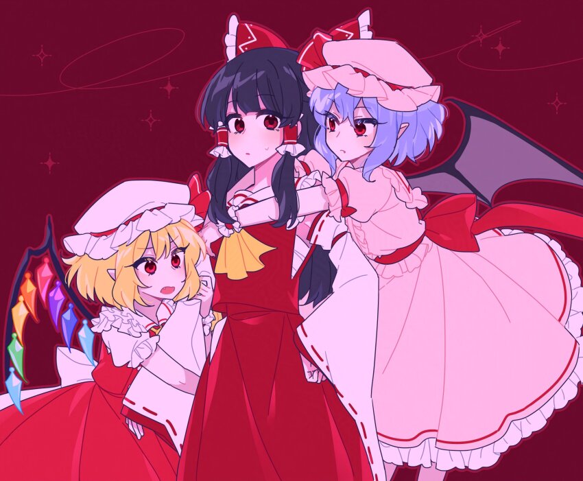 3girls, arm_hug, ascot, bat_wings, black_hair, blonde_hair, bow, chest_sarashi, collared_shirt, commentary, crystal, detached_sleeves, flandre_scarlet, frilled_bow, frilled_hair_tubes, frilled_shirt_collar, frills, hair_bow, hair_tubes, hakurei_reimu, hat, hat_ribbon, highres, hug, hug_from_behind, long_hair, mob_cap, multicolored_wings, multiple_girls, pink_hat, pink_shirt, pink_skirt, pointy_ears, puffy_short_sleeves, puffy_sleeves, purple_hair, red_bow, red_eyes, red_skirt, red_vest, remilia_scarlet, ribbon, ribbon-trimmed_sleeves, ribbon_trim, sarashi, shirt, short_sleeves, siblings, sisters, skirt, skirt_set, sweatdrop, untranslatable_commentary, toichou_butterfly, touhou, vest, white_hat, white_shirt, wings, wrist_cuffs, yellow_ascot