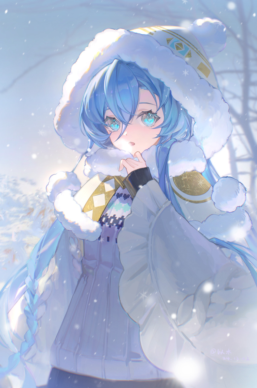 1girl, 37_(maidjump_goods_cafe)_(reverse:1999), 37_(reverse:1999), :o, absurdres, bare_tree, beanie, blue_eyes