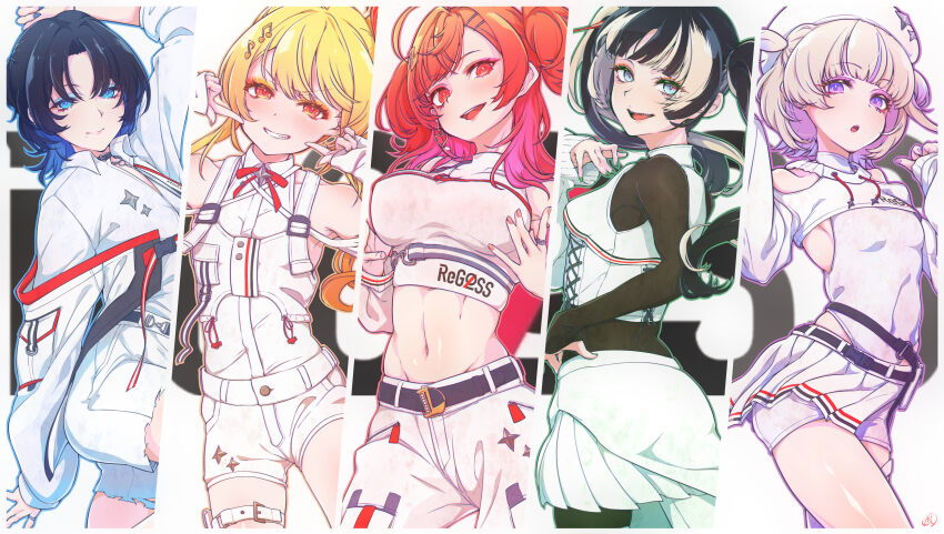 5girls, absurdres, beret, black_hair, black_leotard, blonde_hair, blue_eyes, blue_eyeshadow