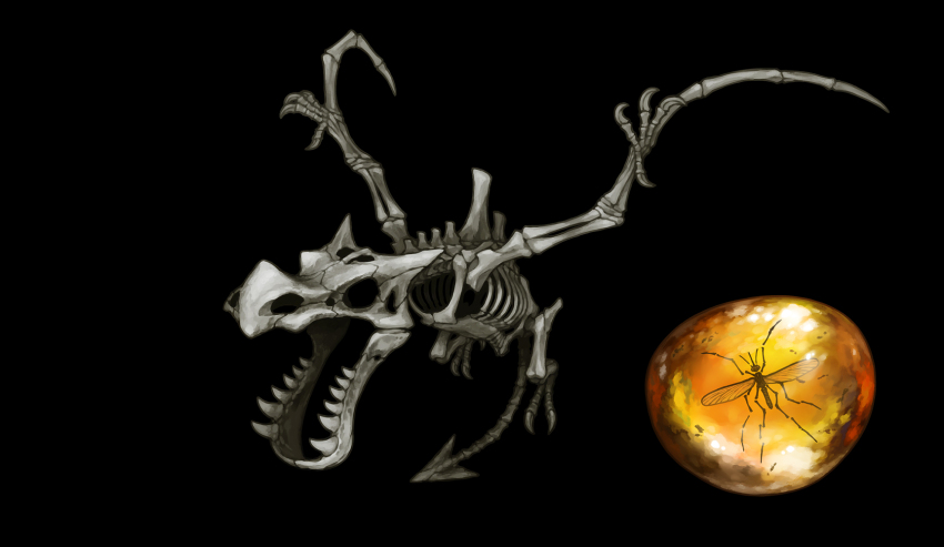 aerodactyl, amber_(gemstone), animal_skeleton, black_background, bone, bug, commentary_request, gem, gen_1_pokemon, highres, insect, insect_wings, mosquito, nintendo, no_humans, old_amber, pearl7, pokemon, pokemon_(creature), ribs, sharp_teeth, simple_background, skeletal_wings, skeleton, skull, spine, teeth, wings