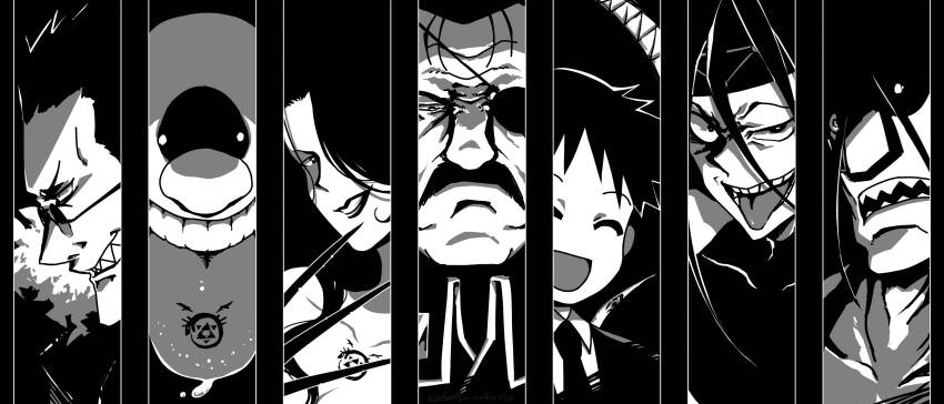 1girl, 2021, 6+boys, absurdres, large_nose, closed_eyes, dantyo0, envy_(fma)