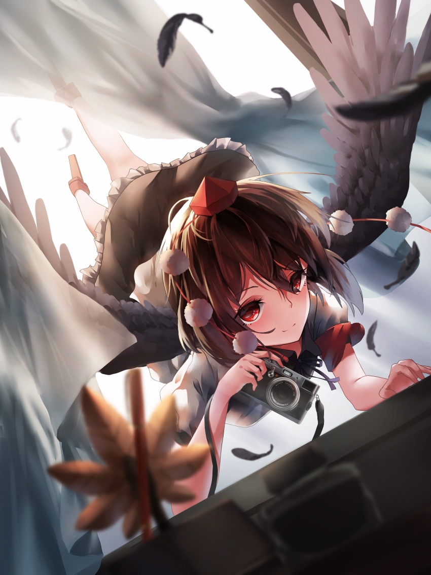 1girl, absurdres, bai_huashu, bird_wings, black_feathers, black_skirt, black_wings, brown_hair