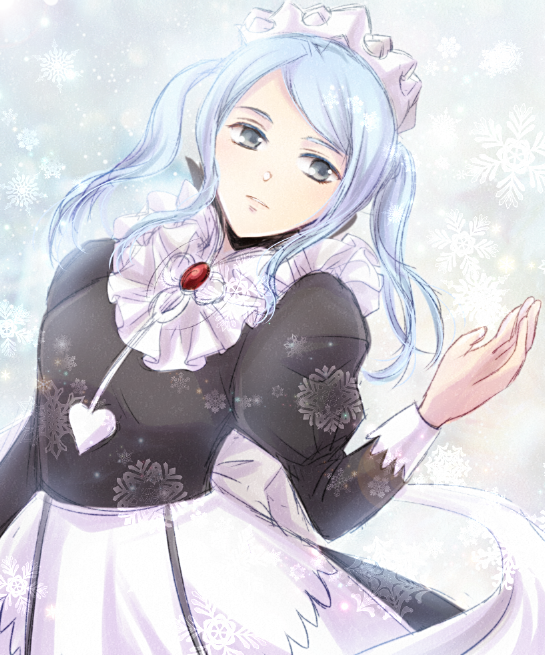 1girl, apron, blue_hair, feather_trim, fire_emblem, fire_emblem_fates, flora_(fire_emblem), long_hair, looking_at_viewer, maid, maid_apron, maid_headdress, nintendo, nonbiri_rkgk, solo, twintails, upper_body