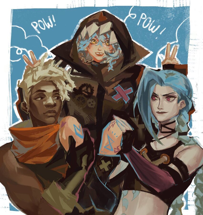 1boy, 2girls, arcane:_league_of_legends, arcane_jinx, black_choker, blonde_hair, blue_background, blue_hair