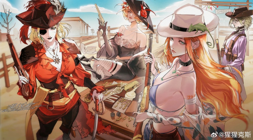 4girls, absurdres, antique_firearm, arm_tattoo, bandaged_arm, bandages, belt, belt_pouch, bikini, bikini_top_only, black_choker, black_hat, black_lips, black_nails, blonde_hair, blue_bikini, blue_eyes, breasts, brown_belt, bullet, chinese_commentary, choker, cloud, commentary_request, cowboy_hat, cowboy_western, crossed_legs, day, denim, earrings, eyepatch, feathers, fedora, fence, firearm, fishnet_thighhighs, fishnets, frills, fur_shawl, green_eyes, green_hair, gun, hair_ornament, hand_on_hilt, handgun, hat, hat_feather, hat_over_one_eye, highres, hoop_earrings, jewelry, korryn_(path_to_nowhere), lady_pearl_(path_to_nowhere), langley_(madame_maelstrom)_(path_to_nowhere), langley_(path_to_nowhere), lizard, long_hair, looking_to_the_side, matilda_(path_to_nowhere), medium_breasts, mole, mole_on_neck, multicolored_shirt, multiple_girls, multiple_necklaces, musket, necklace, off_shoulder, official_art, orange_hair, orangutanax, outdoors, path_to_nowhere, pearl_necklace, pirate_hat, planted, planted_sword, planted_weapon, pouch, red_feathers, red_shirt, revolver, shawl, shell_casing, shirt, short_hair, shotgun, shoulder_tattoo, sideboob, silver_earrings, sitting, standing, strapless, swimsuit, sword, table, tattoo, thighhighs, tilted_headwear, tricorne, trigger_discipline, weapon, white_hat, wooden_fence, wooden_table, yellow_eyes