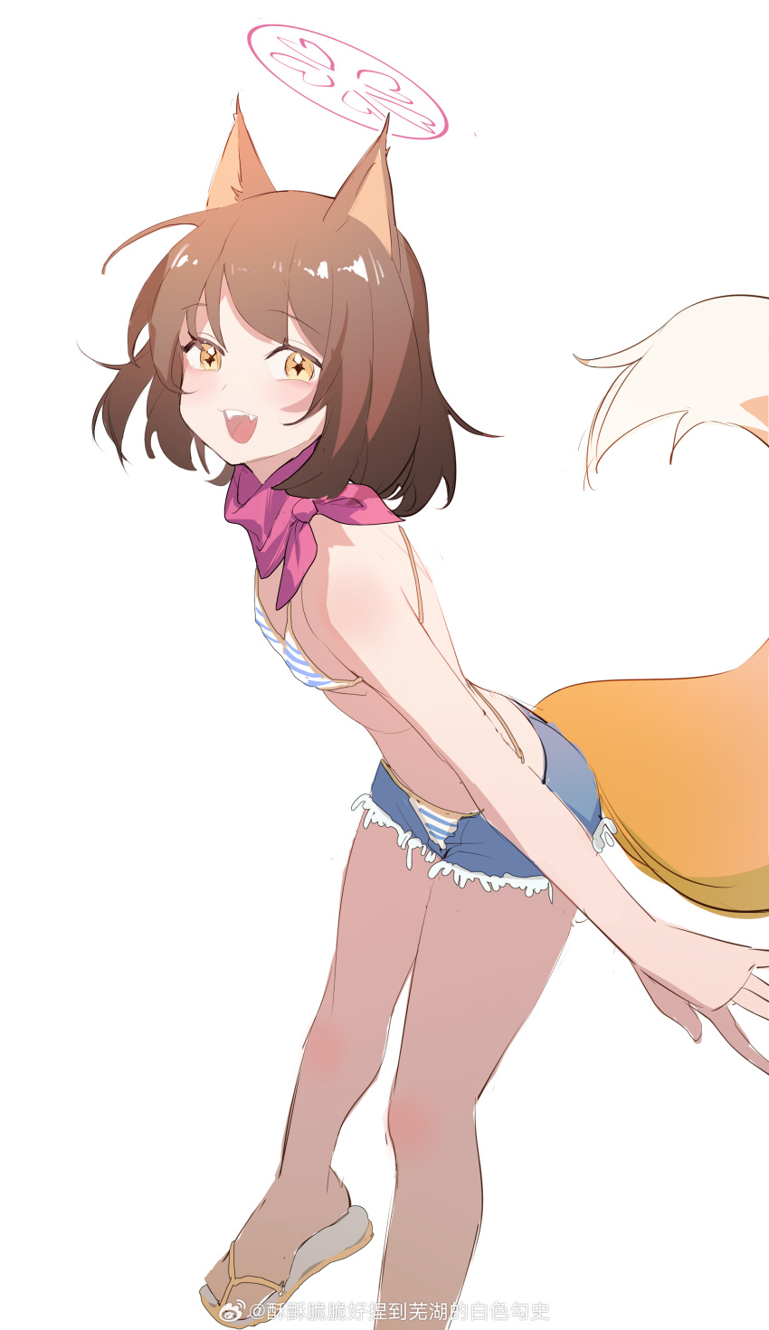 +_+, 1girl, :d, absurdres, animal_ears, bikini, blue_archive, blue_shorts, brown_hair, chinese_commentary, commentary_request, denim, denim_shorts, foot_out_of_frame, fox_ears, fox_girl, fox_tail, halo, highres, izuna_(blue_archive), izuna_(swimsuit)_(blue_archive), karakara_(974070547), looking_at_viewer, medium_hair, official_alternate_costume, open_mouth, pink_halo, shorts, simple_background, sketch, smile, solo, standing, swimsuit, tail, watermark, weibo_watermark, white_background, white_bikini, yellow_eyes