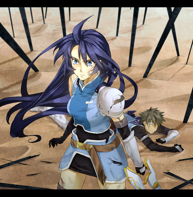 00s, 1boy, 1girl, armor, blood, blue_eyes, blue_hair, brown_hair, casey_(tales), cuts, damuron_atomaisu, enomoto_(luck-by-luck), injury, raven_(tales), skirt, tales_of_(series), tales_of_vesperia