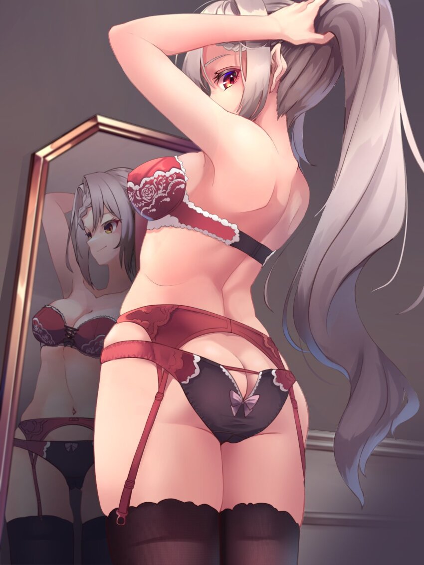 1girl, alternate_eye_color, ass, black_panties, black_thighhighs, bra, braid, breasts, closed_mouth, different_reflection, eye_reflection, floral_print, from_behind, grey_hair, highres, indie_virtual_youtuber, looking_at_viewer, looking_back, median_furrow, mikapa, mirror, miya_mewrilee, panties, ponytail, red_bra, red_eyes, red_garter_belt, reflection, rose_print, shoulder_blades, solo, thighhighs, tying_hair, underwear, virtual_youtuber