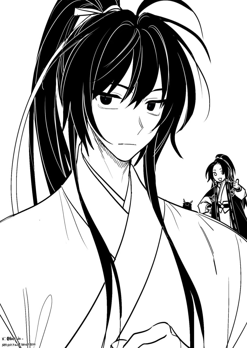 2boys, ahoge, bakku_(fspz4427), chinese_clothes, closed_mouth, dragon, eastern_dragon, hair_ribbon, hand_on_own_hip, high_ponytail, highres, jinhongi, long_hair, long_sleeves, looking_at_viewer, male_focus, multiple_boys, oni_(jinhongi), ponytail, ribbon, sash, seol_young, thumbs_up, upper_body, zaha