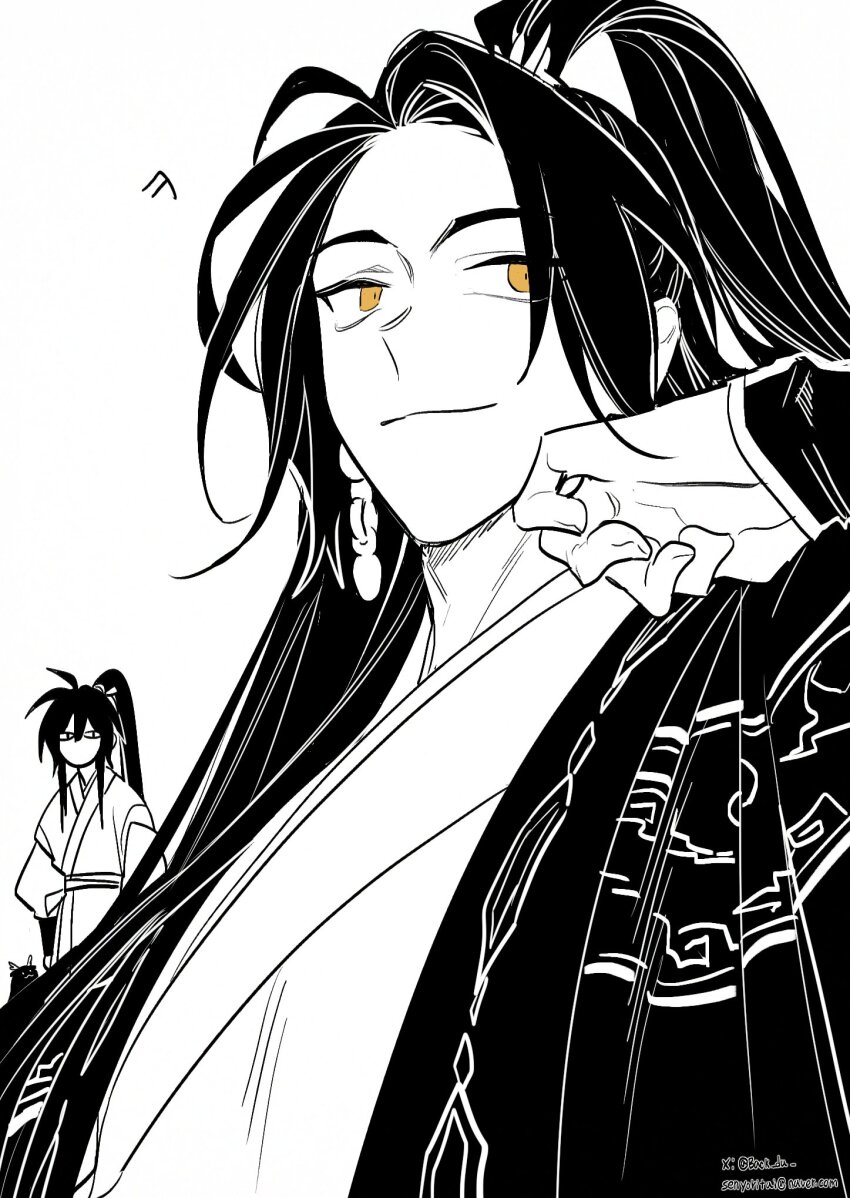 2boys, ahoge, bakku_(fspz4427), chinese_clothes, dragon, earrings, eastern_dragon, half_updo