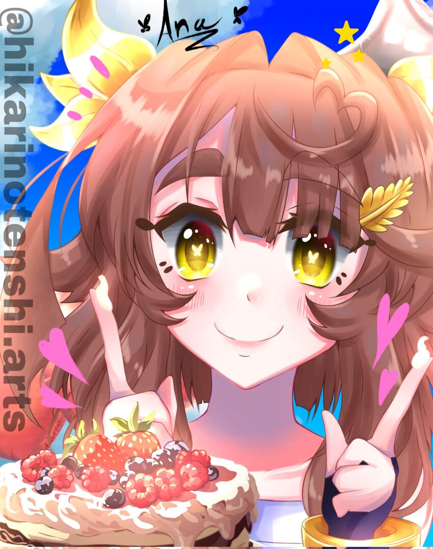 1girl, ahoge, berry, blue_sky, blueberry, blush, brown_hair, butterfly-shaped_pupils