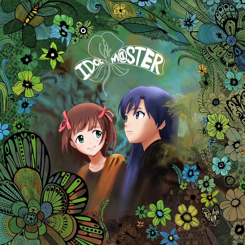 2girls, album_cover_redraw, amami_haruka, black_shirt, brown_hair, brown_shirt, bug, butterfly, closed_mouth, collarbone, copyright_name, derivative_work, flower, green_eyes, highres, idolmaster, insect, kisaragi_chihaya, long_hair, multiple_girls, ohjames, pink_ribbon, purple_hair, ribbon, shirt, the_gentle_soul