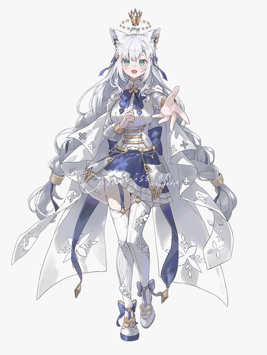 1girl, ahoge, animal_ear_fluff, animal_ear_piercing, animal_ears, ankle_ribbon, aqua_eyes, asymmetrical_bangs