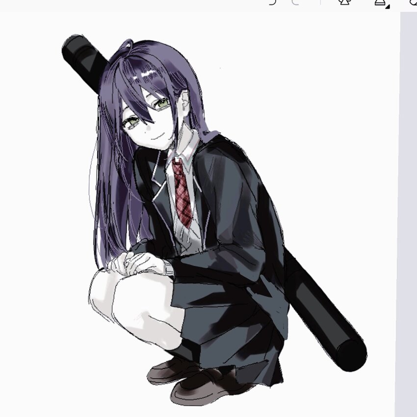 1girl, art_program_in_frame, black_jacket, black_shoes, black_skirt, black_socks, blazer, closed_mouth