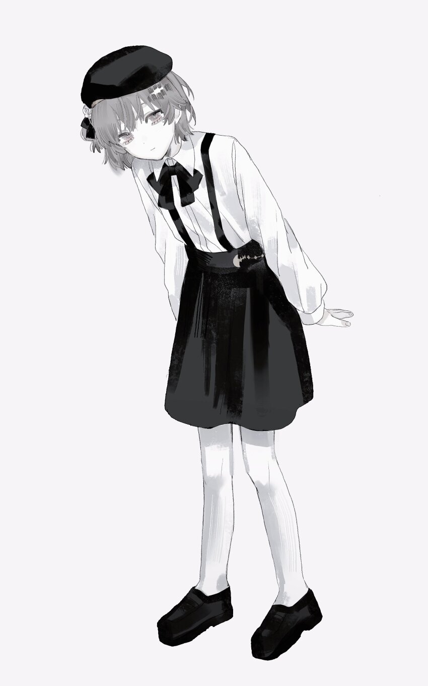 1girl, :|, absurdres, arms_at_sides, beret, black_bow, black_bowtie, black_hat