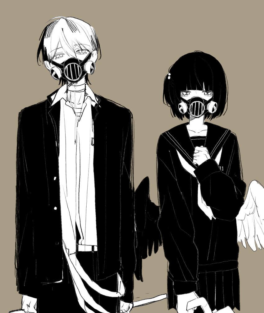 1boy, 1girl, absurdres, amemori_sayo, amemori_sayo_(1st_costume), arms_at_sides, beads, blunt_bangs, bob_cut, brown_background, character_request, choker, collarbone, collared_shirt, cowboy_shot, feathered_wings, femio44, gakuran, gas_mask, greyscale_with_colored_background, hair_beads, hair_ornament, hand_on_own_chest, head_tilt, highres, jacket, looking_at_viewer, low_wings, mask, monochrome, neckerchief, nijisanji, open_clothes, open_jacket, pants, pleated_skirt, sailor_collar, school_uniform, serafuku, shirt, short_hair, side-by-side, sidelocks, skirt, standing, straight-on, virtual_youtuber, wings