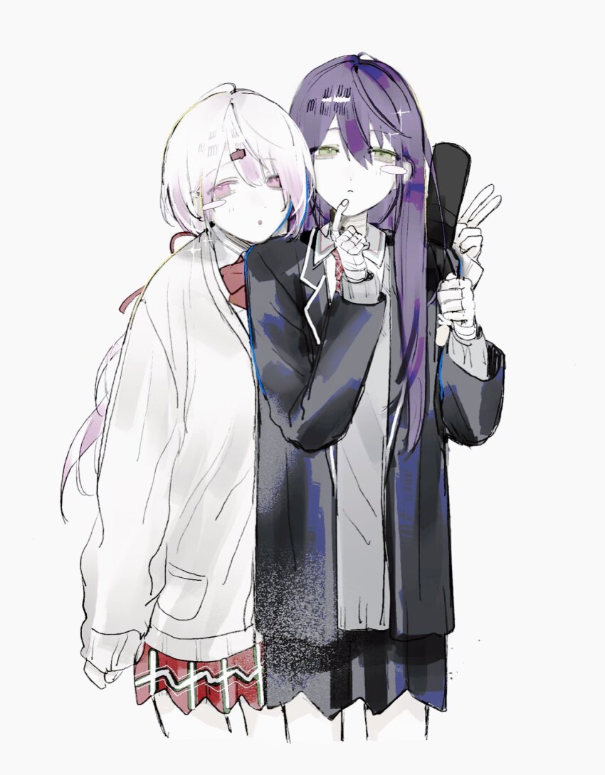 2girls, arm_around_another's_back, arm_at_side, bandaged_hand, bandages, black_jacket, black_skirt, blazer