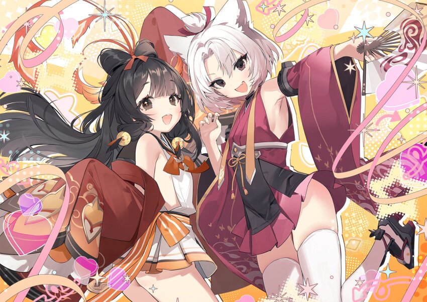 2girls, animal_ears, animal_print, azur_lane, bare_shoulders, black_eyes, black_hair, blush