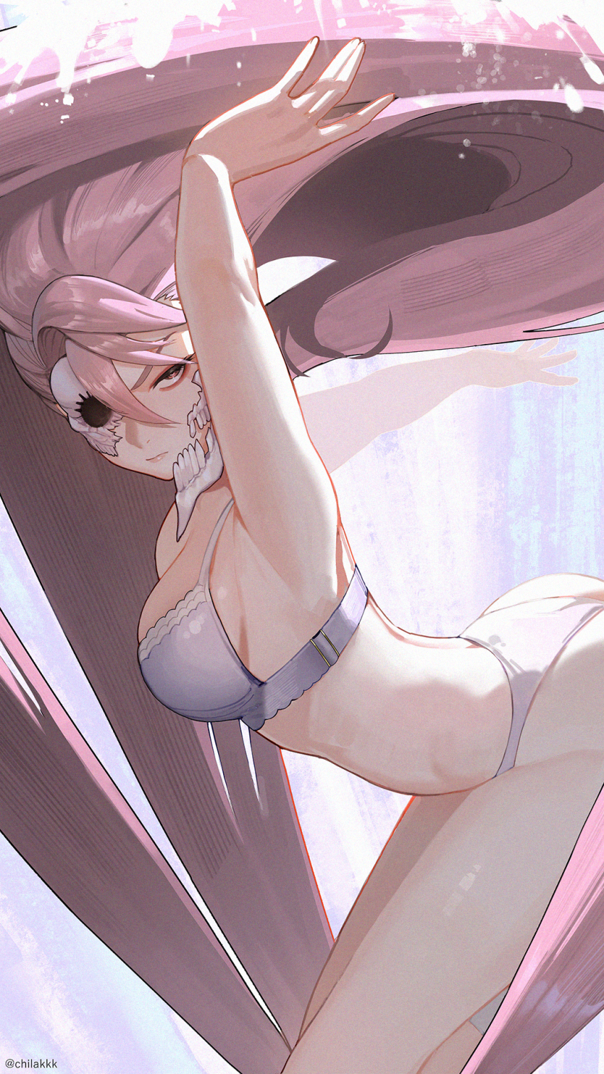 1girl, absurdly_long_hair, arm_up, artist_name, ass, bra, breasts, chilakkk, closed_mouth, commentary, dandadan, eyeshadow, highres, large_breasts, leaning_forward, long_hair, looking_at_viewer, makeup, mask, panties, pink_eyes, pink_eyeshadow, pink_hair, pink_lips, purple_bra, purple_panties, sanpaku, serious, shiratori_aira_(dandadan), skull_mask, solo, torn_mask, twitter_username, underwear, underwear_only, very_long_hair
