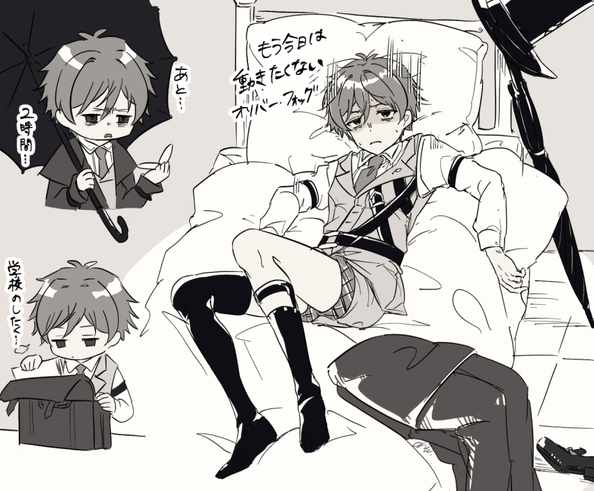 1boy, arm_belt, asymmetrical_legwear, bag, bed, chibi, chibi_inset, closed_mouth