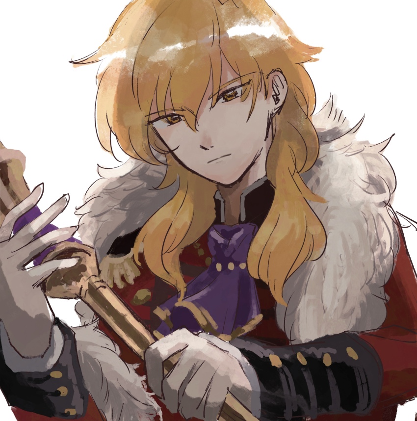 1boy, ascot, backlighting, blonde_hair, cho_yoy, closed_mouth, eldigan_(fire_emblem), eldigan_(masquerade)_(fire_emblem)