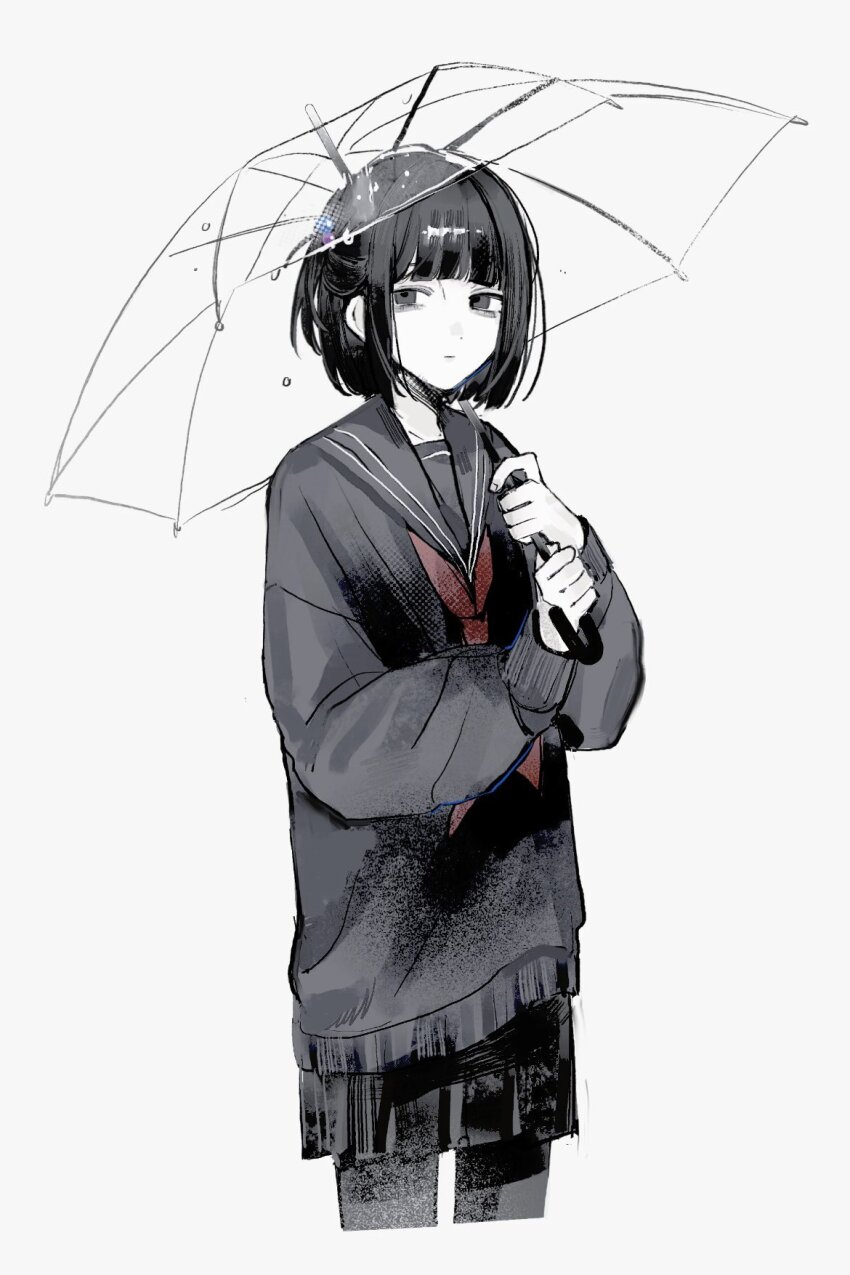 1girl, :|, amemori_sayo, amemori_sayo_(1st_costume), bags_under_eyes, beads, black_eyes, black_hair, black_pantyhose, black_sailor_collar, black_serafuku, black_shirt, black_skirt, blunt_bangs, closed_mouth, colored_skin, cropped_legs, dot_nose, expressionless, femio44, hair_beads, hair_ornament, highres, holding, holding_umbrella, limited_palette, long_sleeves, looking_at_viewer, neckerchief, nijisanji, one_side_up, pantyhose, pleated_skirt, red_neckerchief, sailor_collar, school_uniform, serafuku, shirt, short_hair, simple_background, skirt, sleeve_cuffs, solo, transparent, transparent_umbrella, umbrella, virtual_youtuber, white_background, white_skin
