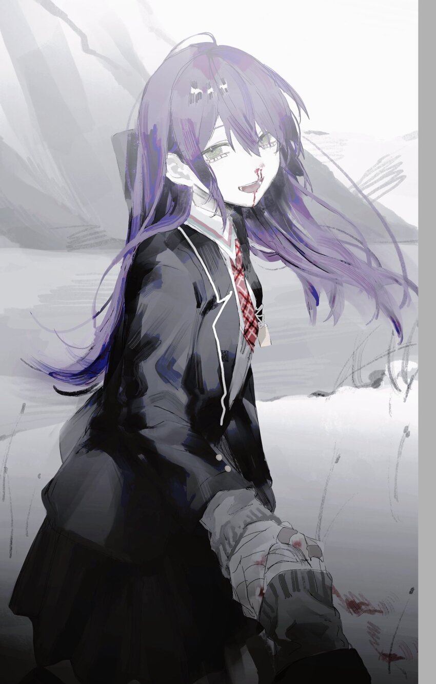 1boy, 1girl, :d, bandaged_hand, bandages, black_jacket, blazer, blood