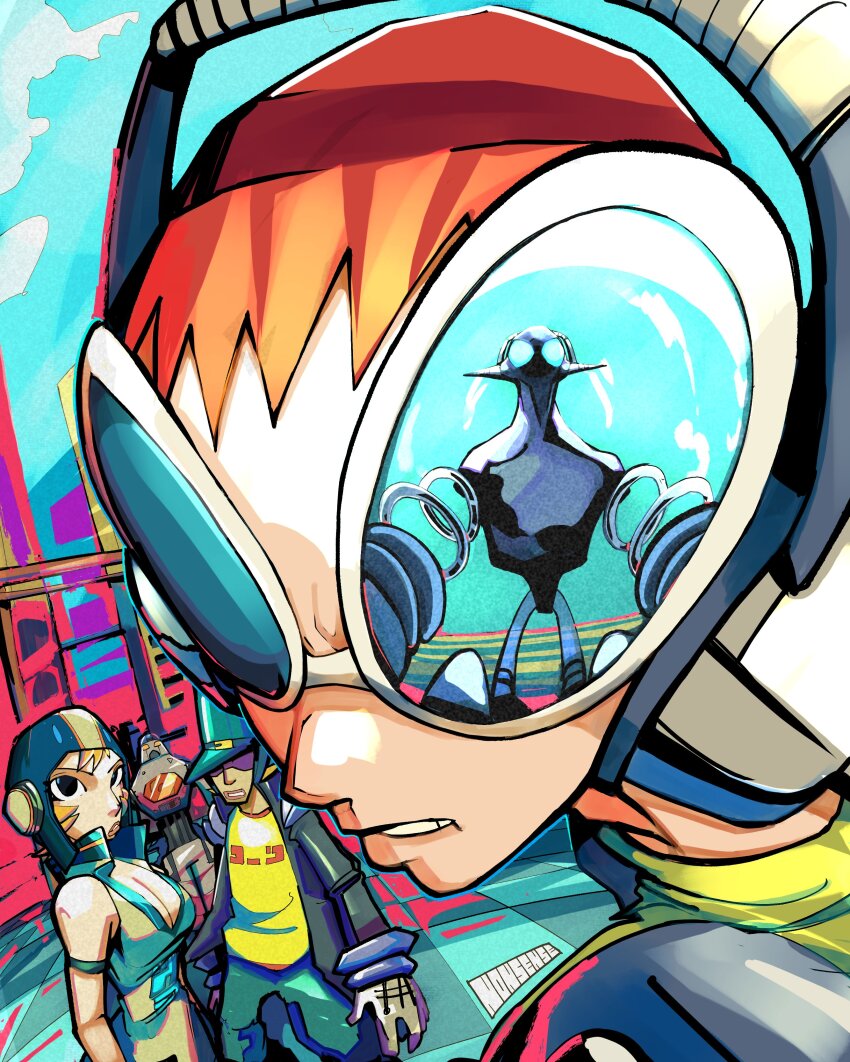 1girl, 2boys, absurdres, beanie, beat_(jsr), breasts, cleavage, eye_reflection