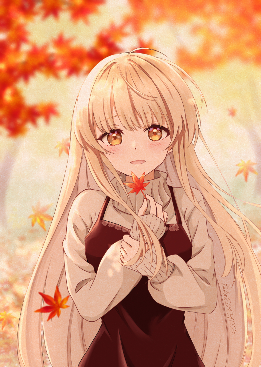 1girl, absurdres, artist_name, autumn, autumn_leaves, blunt_bangs, blurry, blurry_background