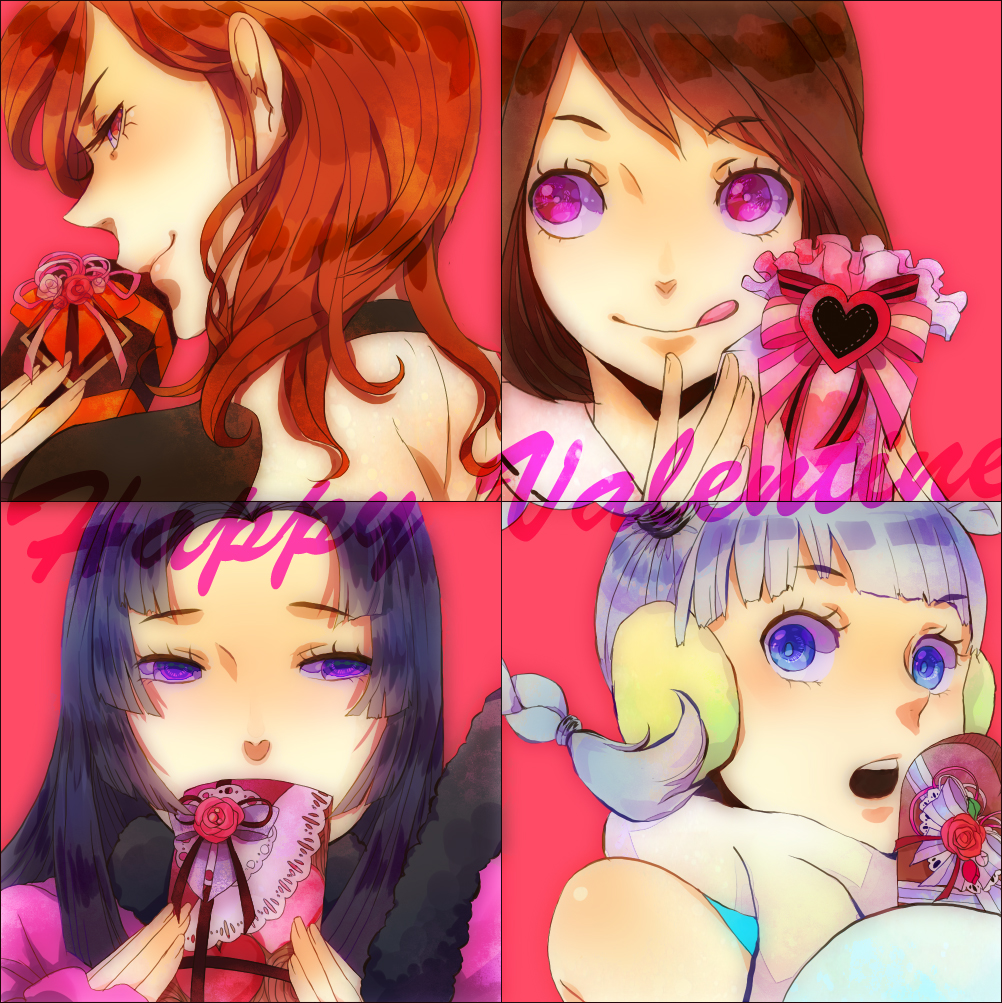 4girls, :o, :q, black_border, blue_eyes, blunt_bangs, border, braid